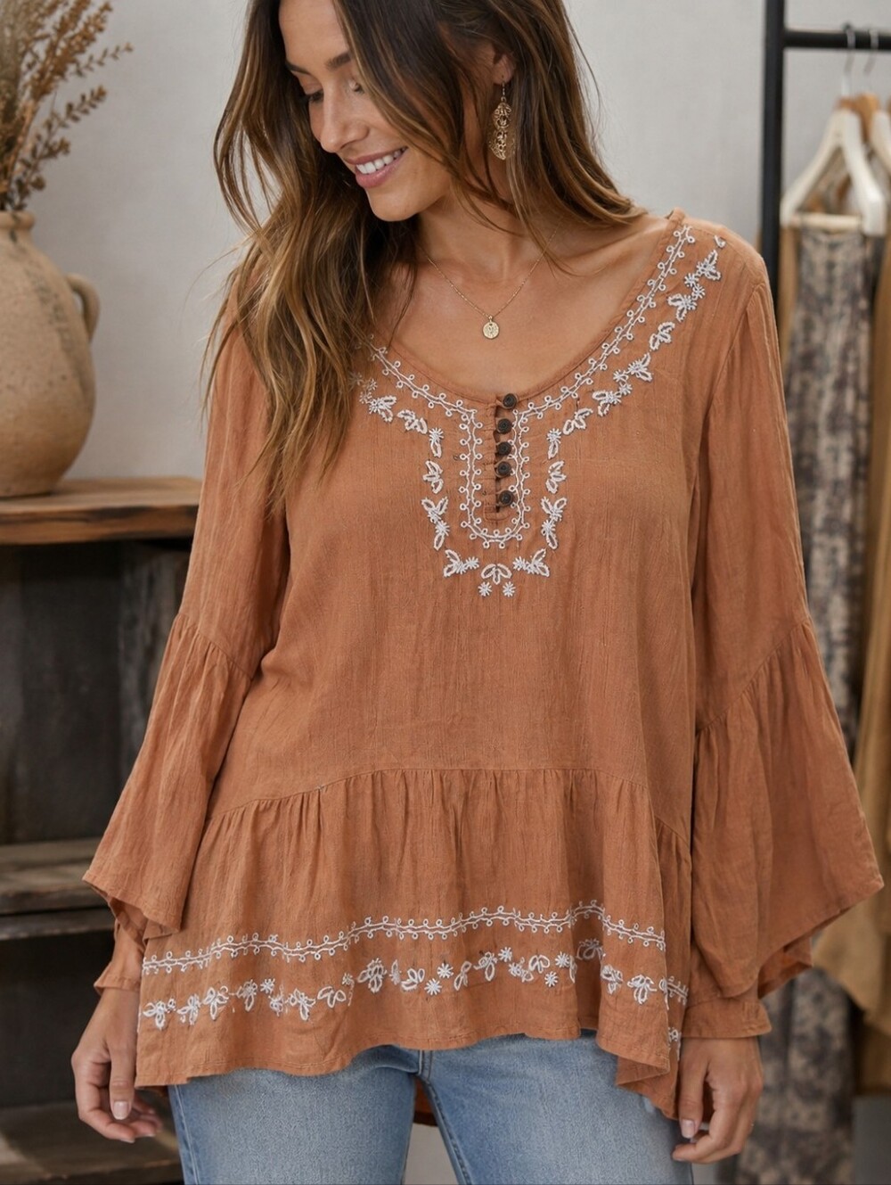 💙 Women's Beautiful Rust Embroidered Peasant Top